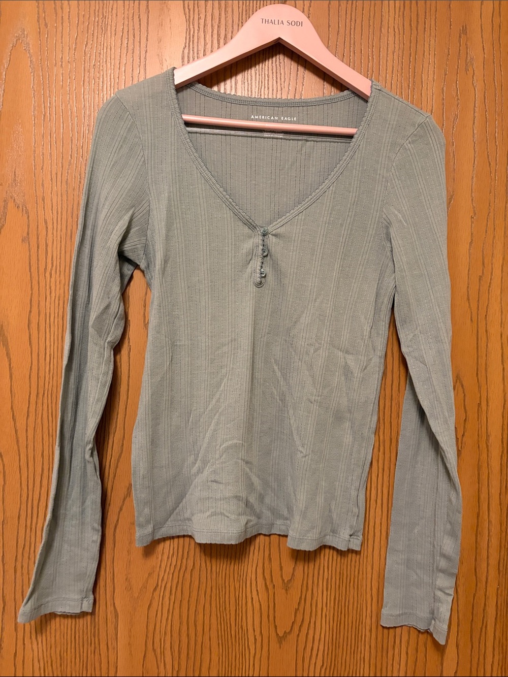 American Eagle Outfitters Ribbed V-Neck Long Sleeve Top - Sage Green